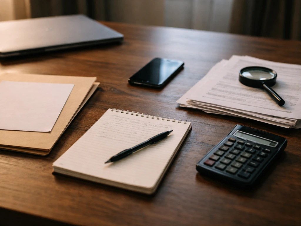 Office desk with documents, magnifying glass, calculator, and phone symbolizing public-record net worth estimation.