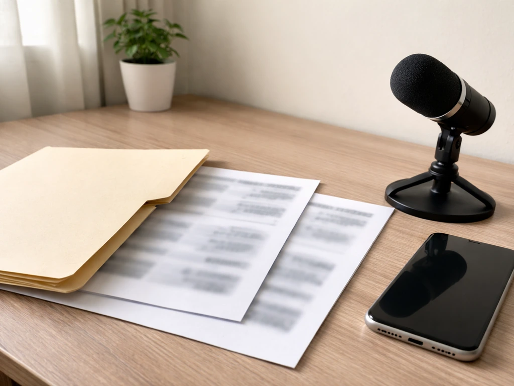 Desk scene with blurred side-by-side money estimate papers, smartphone, and a small microphone.