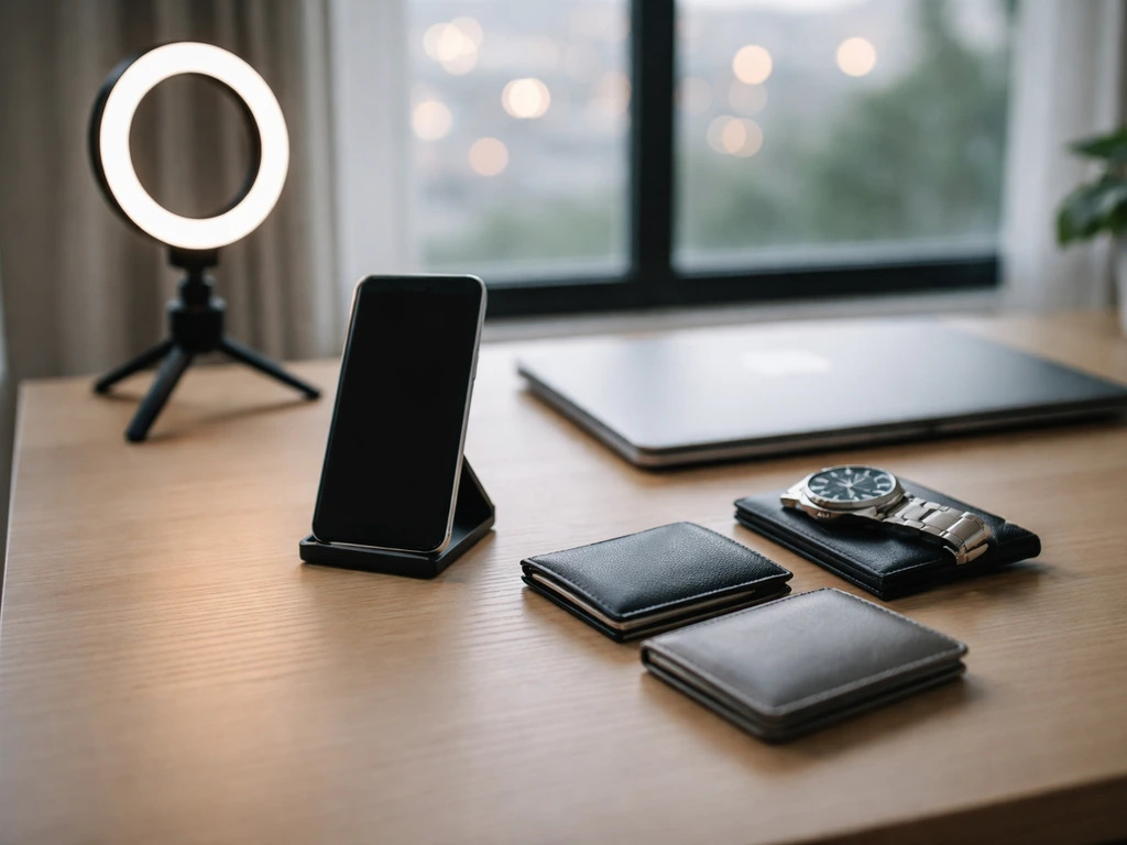 Money and media-themed desk scene representing a social media influencer’s net worth research
