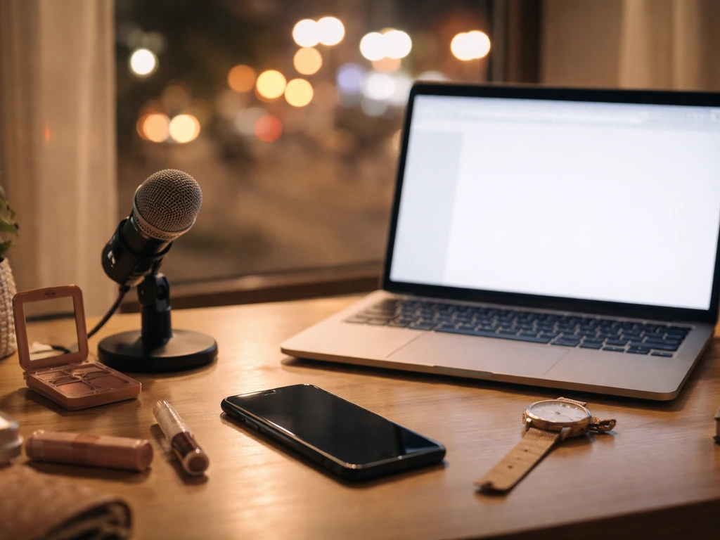 Minimal desk scene with smartphone and microphone, evoking social media and influencer media work.