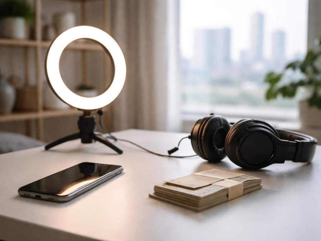 Minimal studio desk setup with smartphone, small ring light, and cash-like props symbolizing creator income.