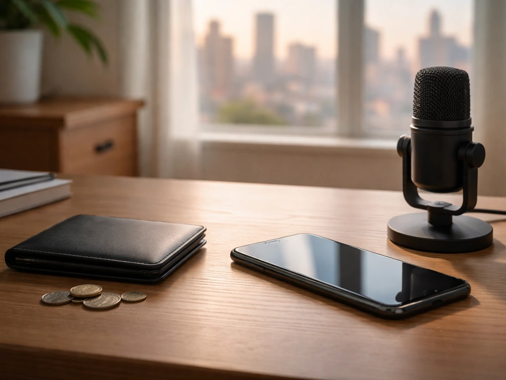 Desk with wallet and coins beside a phone and studio microphone, symbolizing net worth vs monthly income.