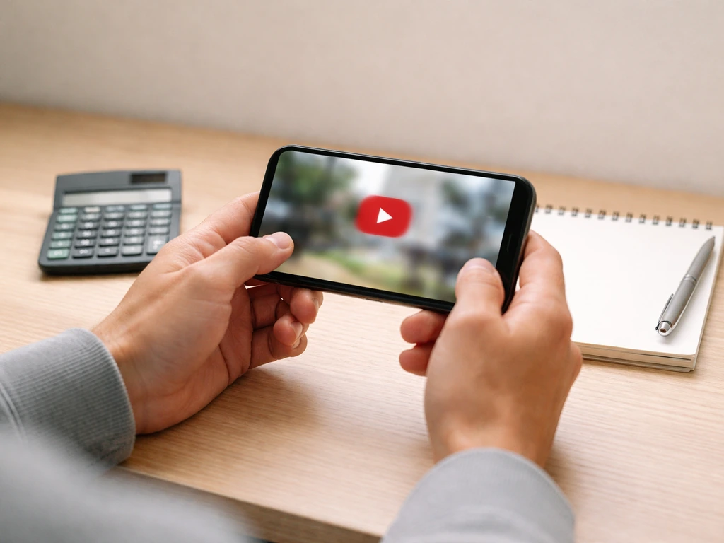 Close-up of a smartphone showing a muted video thumbnail beside a small notepad and calculator, minimal scene.