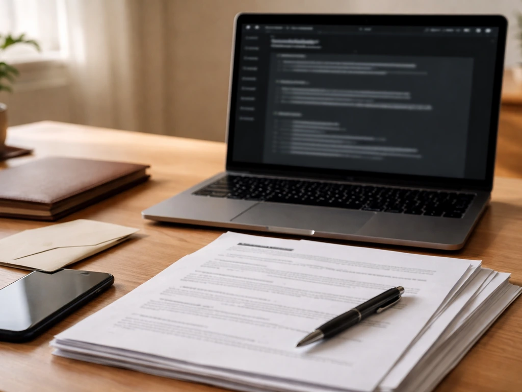 Close-up of a desk with contract-style papers, laptop campaign brief, and a phone for brand deal workflow.