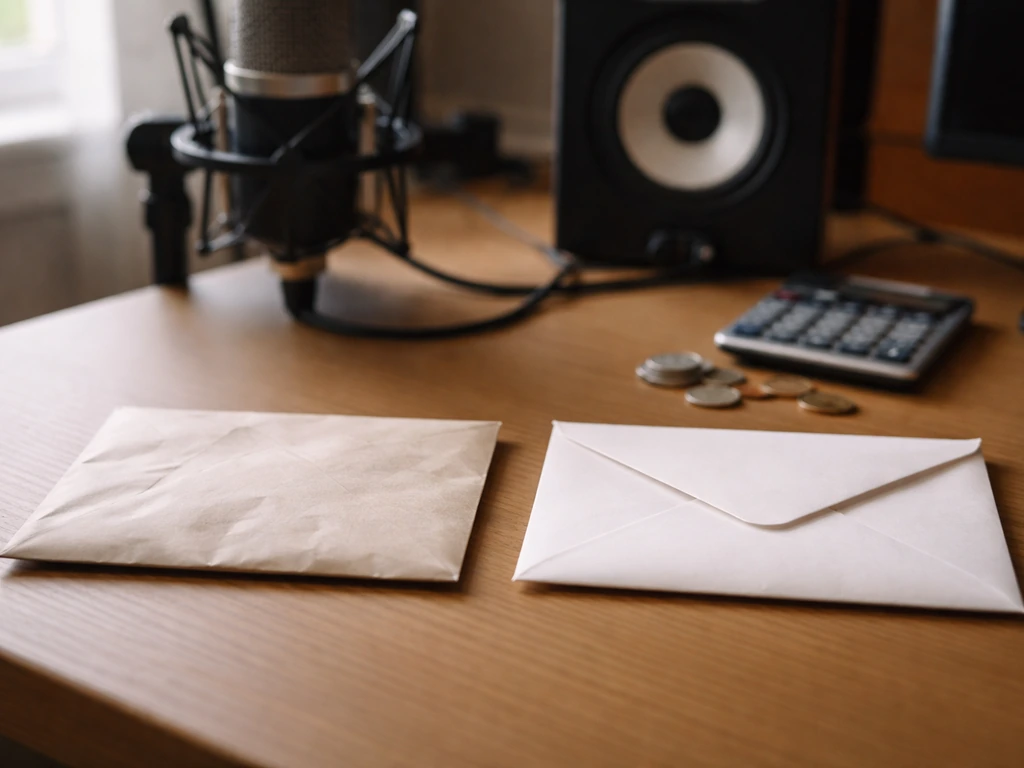 Minimal studio desk with microphone and coins, showing two unlabeled envelopes representing low vs high RPM estimates.