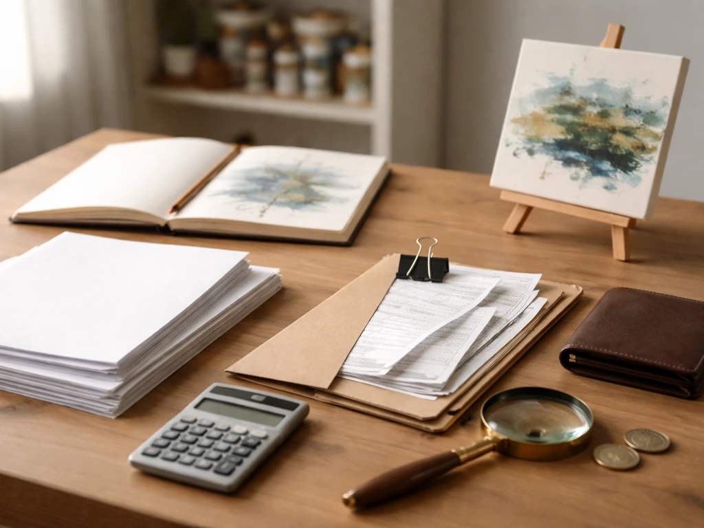 Minimal art studio desk with documents, receipts, calculator, and a magnifying glass suggesting wealth estimation.