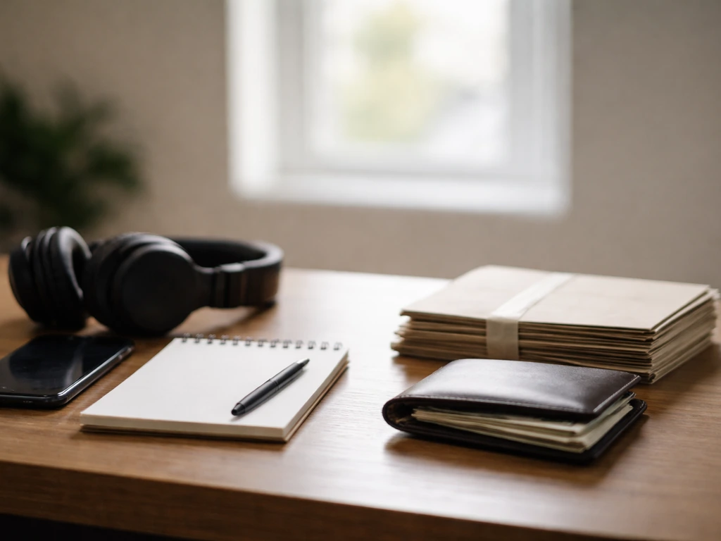 Minimal desk scene with phone, wallet, and cash-like envelopes suggesting earnings versus stored value