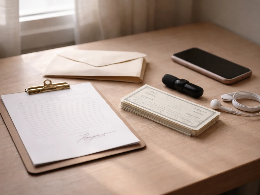 Minimal studio desk with contract papers, royalty checks, microphone, and phone symbolizing artist income sources.