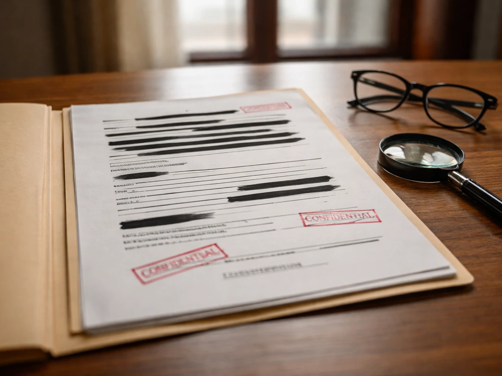 Close-up of an open legal document on a desk with a magnifying glass, symbolizing sworn financial disclosures.