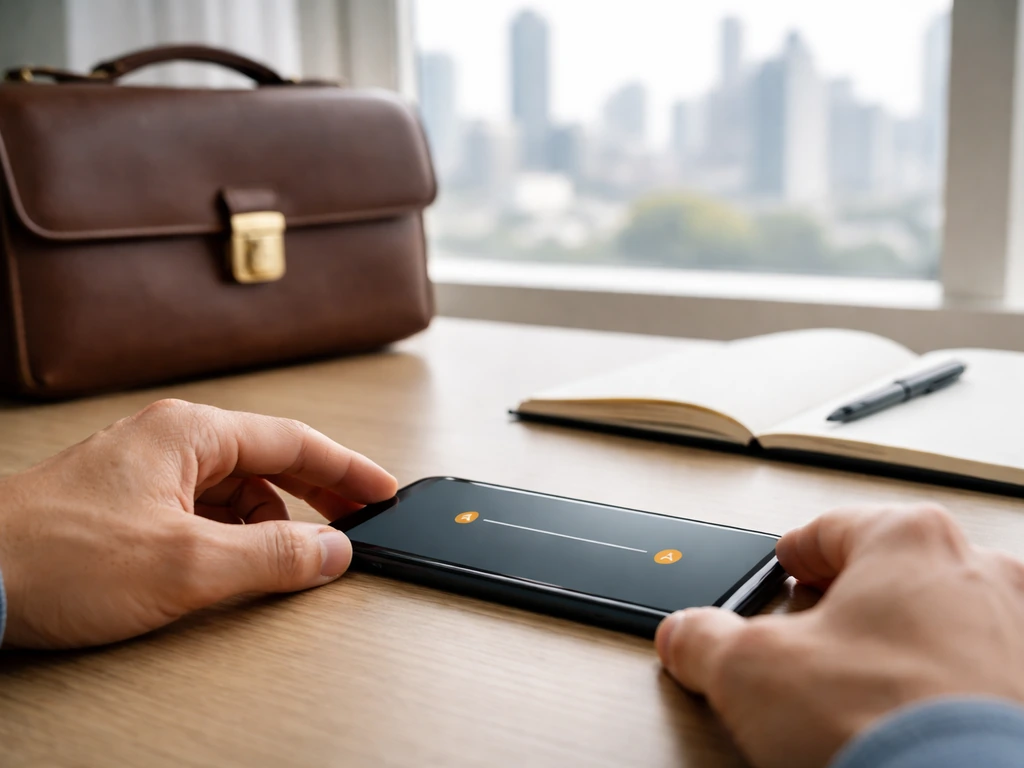 Hands adjusting a phone showing a range-style estimate slider next to a briefcase, symbolizing responsible net worth rev