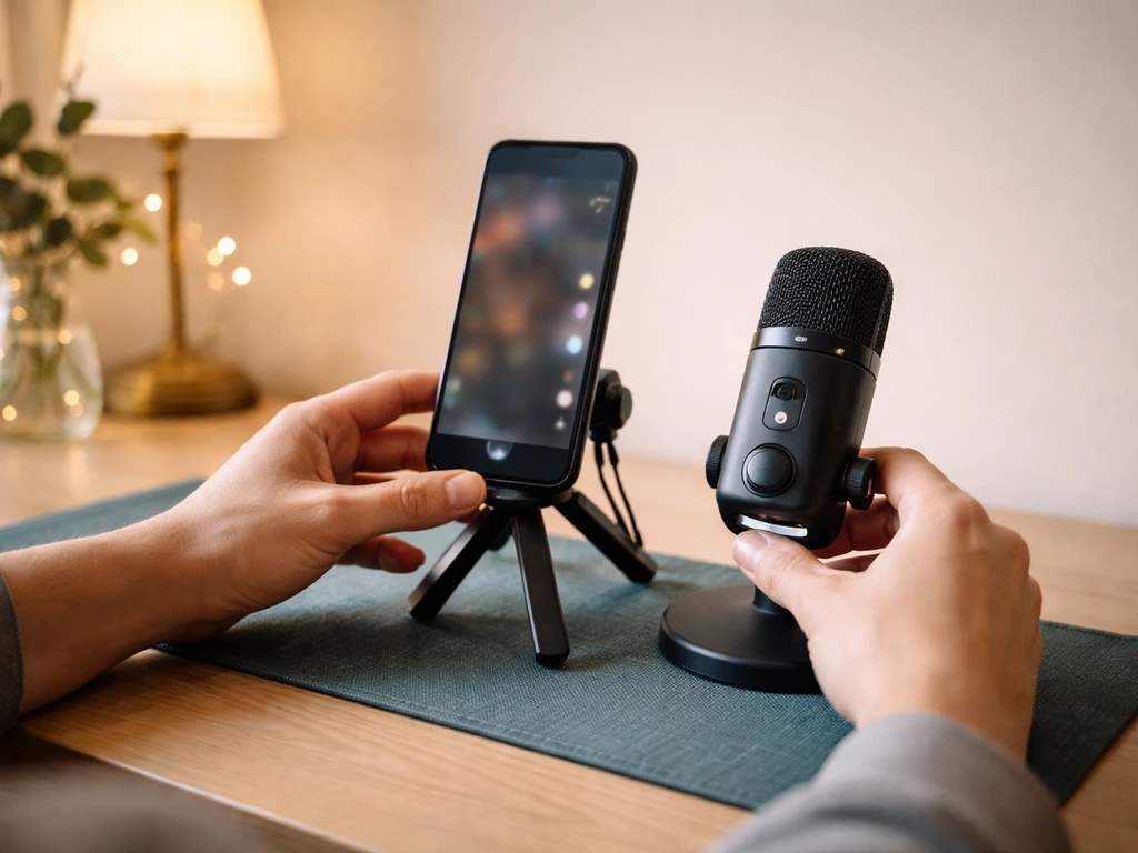 Anonymous content creator at a home studio desk with a smartphone showing a blurred social media feed
