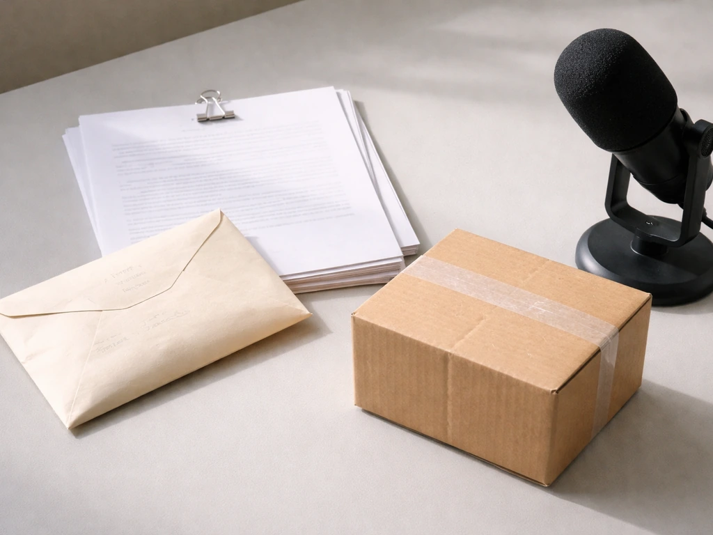 Minimal collage-style image of anonymous creator revenue items: invoice envelope, contract papers, and a product shipmen