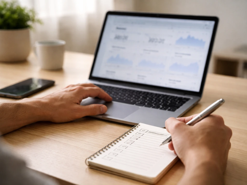 Person reviewing a laptop with spreadsheets on screen, plus a phone and notebook beside for checklist