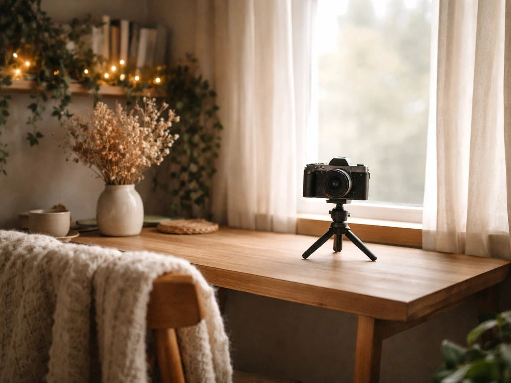 Cottagecore creator workspace with a small camera and cozy decor, symbolizing a lifestyle YouTube channel