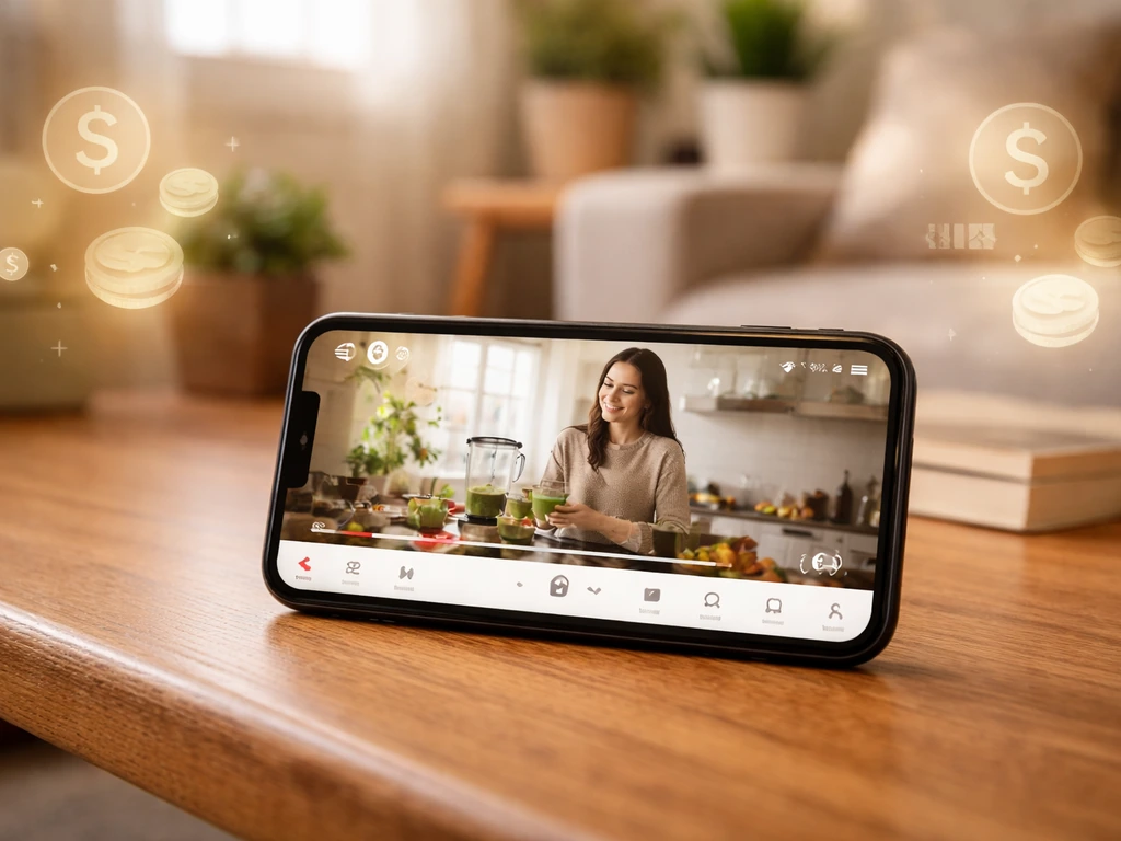 Close-up smartphone showing a lifestyle YouTube video with subtle ad/revenue cue icons