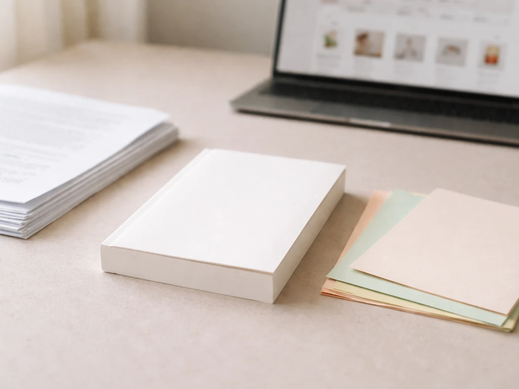 Printed digital download pages and a blank book mockup on a desk beside a generic shopping screen.