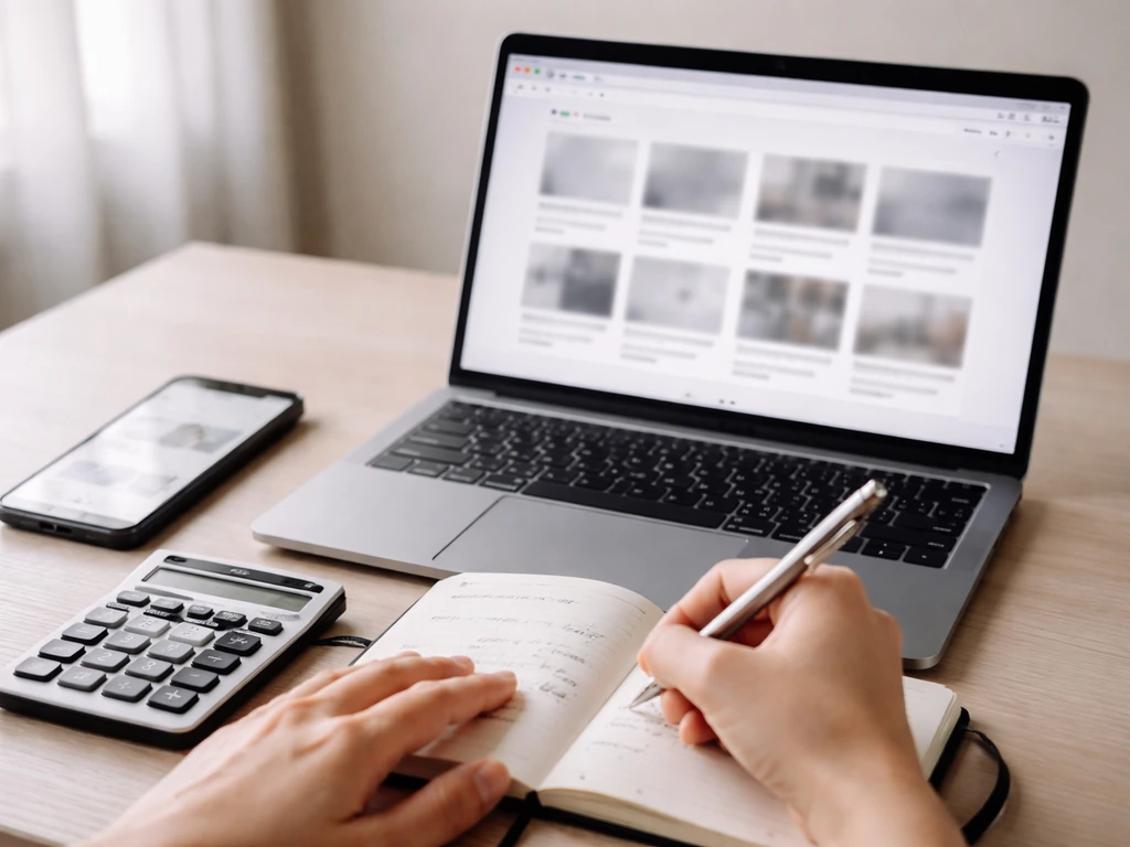 Hands taking notes on a calculator at a desk with laptop browser tabs for researching online metrics.