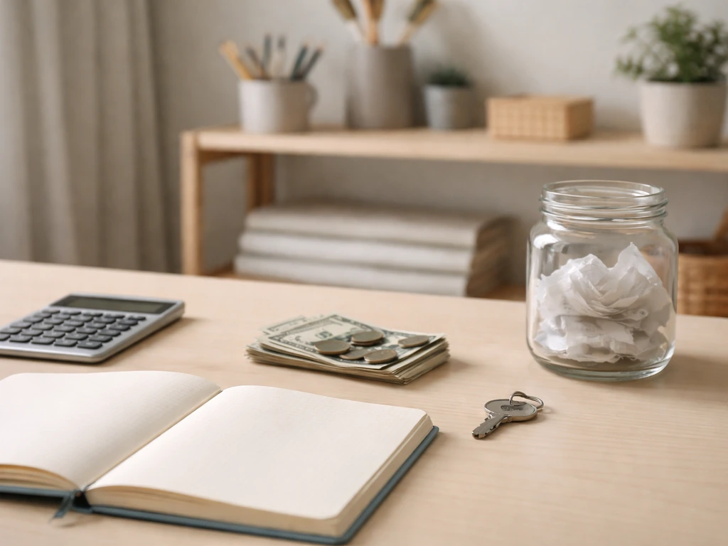 Minimal desk scene with cash, bills, a notebook, and a calculator symbolizing assets minus liabilities for a creator.
