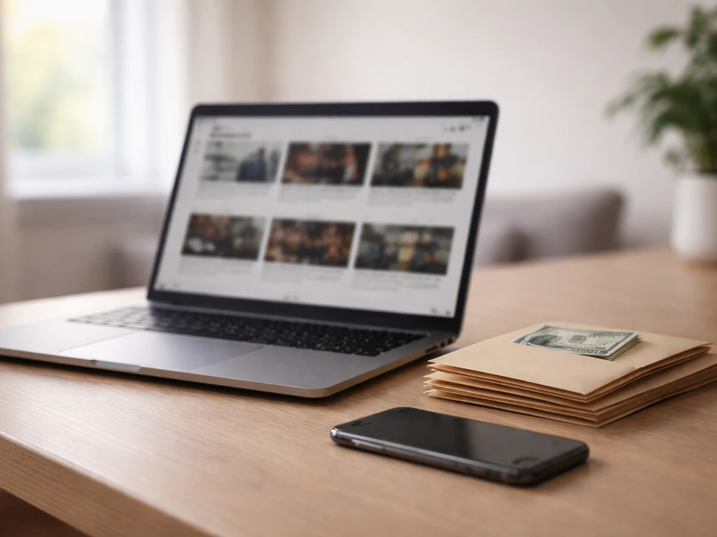 Minimal photo of a creator’s desk with a laptop showing anonymous video thumbnails, surrounded by cash envelopes