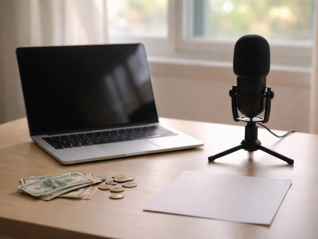 Desk with microphone, open laptop, and scattered cash suggesting fluctuating media earnings estimates.