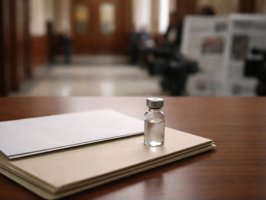 Blurred courtroom hallway with a small vial and envelope on a desk, suggesting media-linked controversy