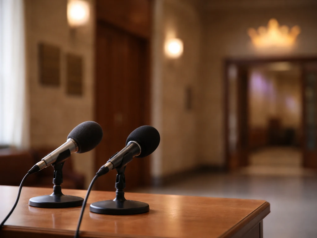 Empty courtroom press area with microphones and a subtle “ketamine queen” style glow in the background