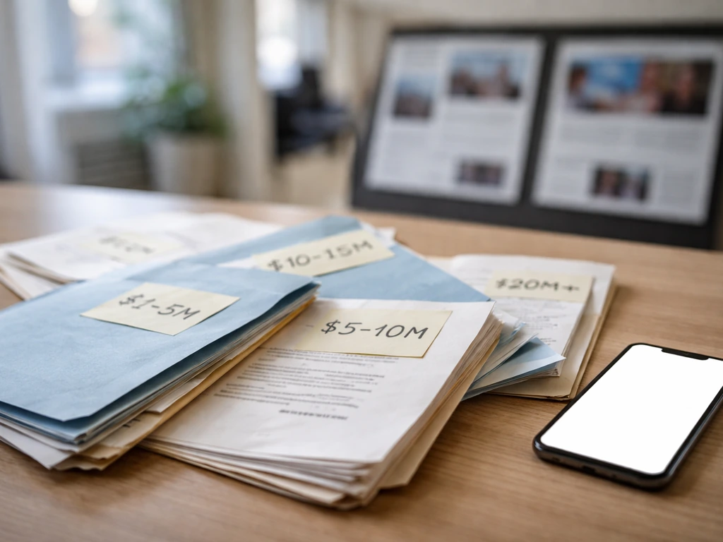 Minimal desk scene with a stack of financial documents and a smartphone beside blurred media clips.