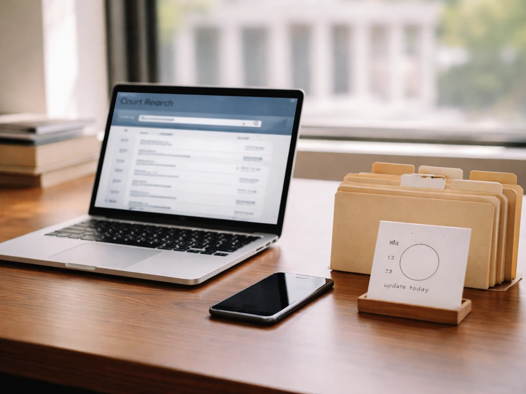 Laptop, smartphone, and folders on a bright desk symbolizing updating and verifying legal records today