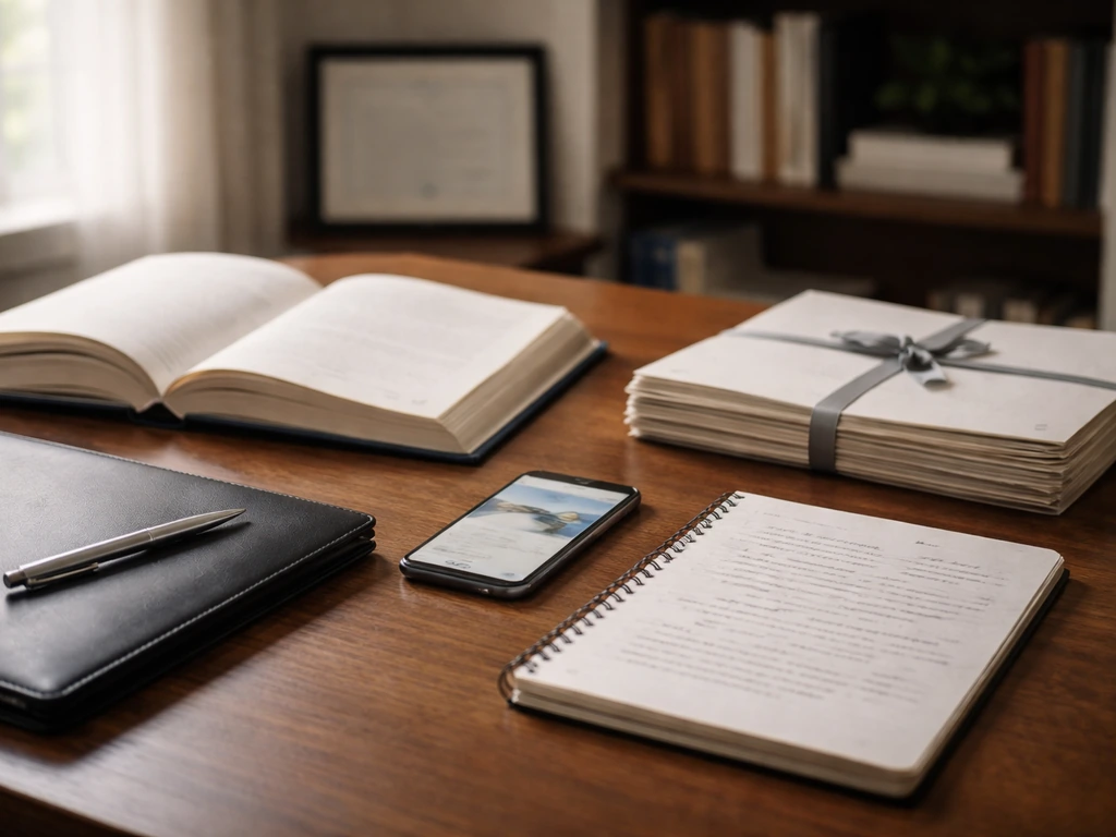 Evidence-based workspace with an open book, papers, and blurred finance phone screen on a desk.