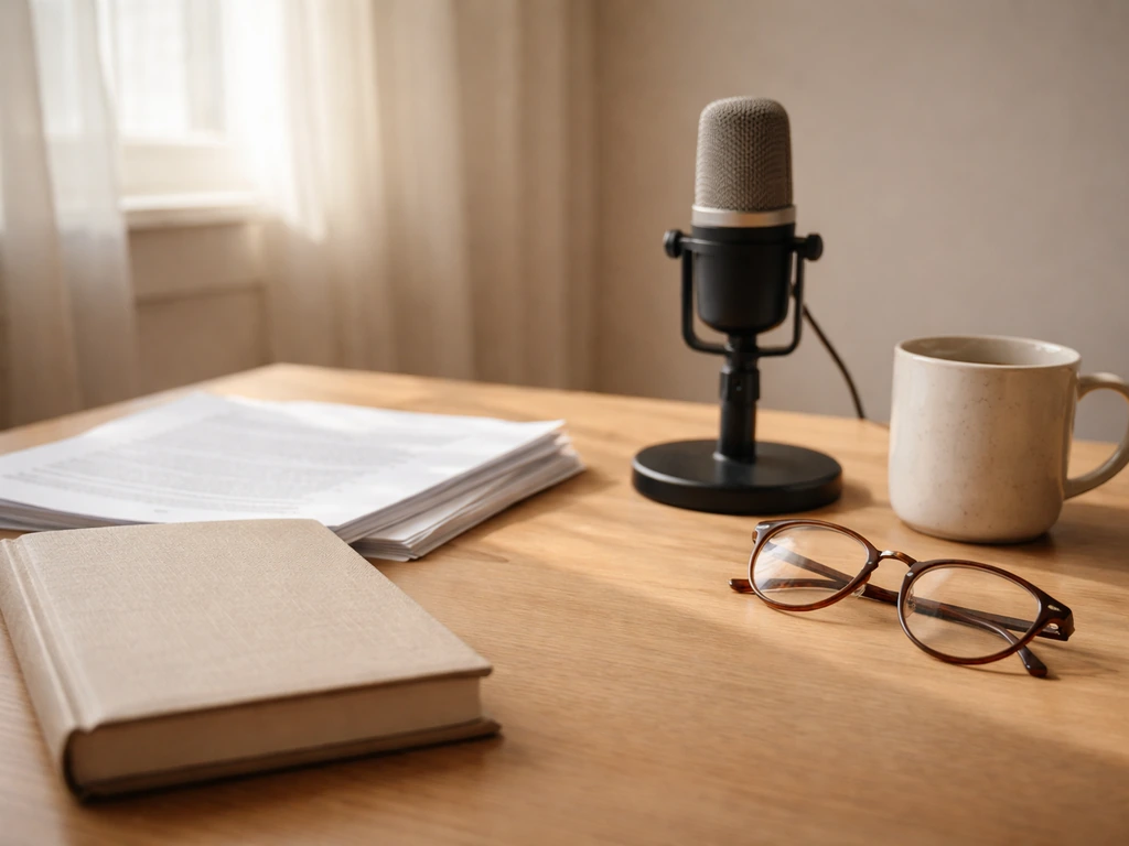 Minimal writer’s desk with microphone and printed pages in natural light, symbolizing the brand’s origin.