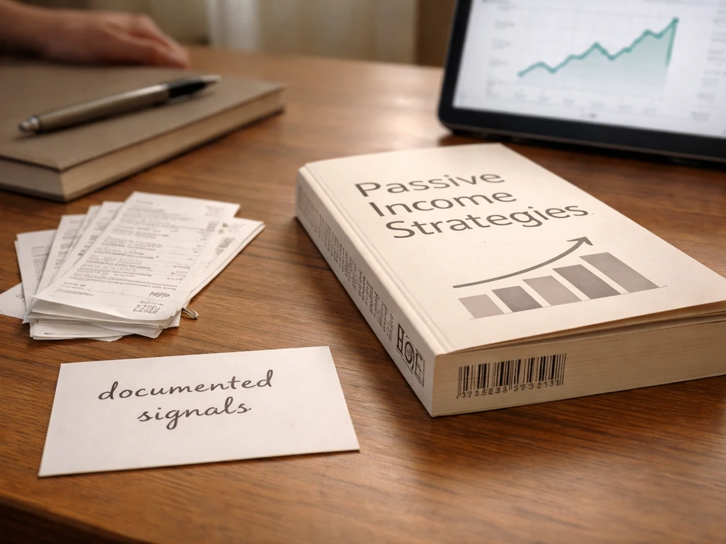 Close-up of a book, blank notecard, and receipts on a desk suggesting documented income signals.