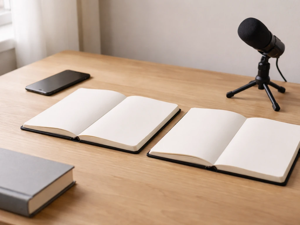 Minimal desk with two side-by-side notebooks, book, phone, and microphone suggesting income stream comparison