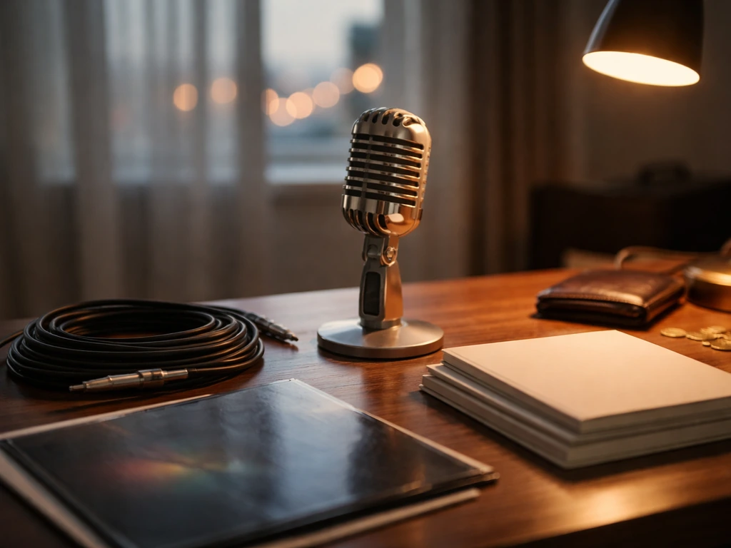 Warm music-studio desk scene with a vintage microphone, vinyl, and subtle money symbolism