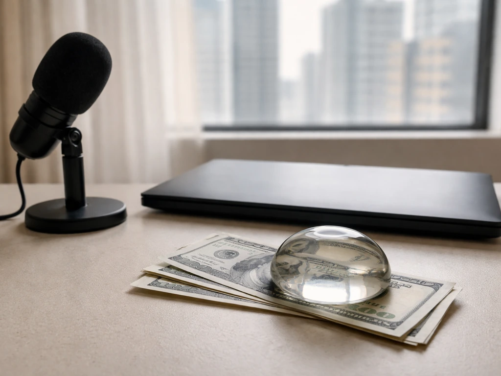Minimal studio desk with money and a microphone, symbolizing a current net worth estimate range.