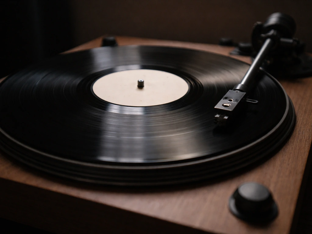 Vinyl record spinning on a turntable with a dark, moody studio backdrop