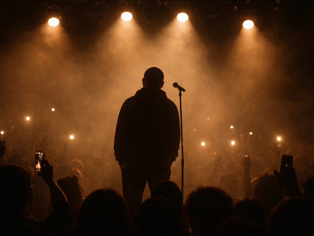 Anonymous performer silhouette on a small R&B heritage stage with warm lights and a dim crowd.