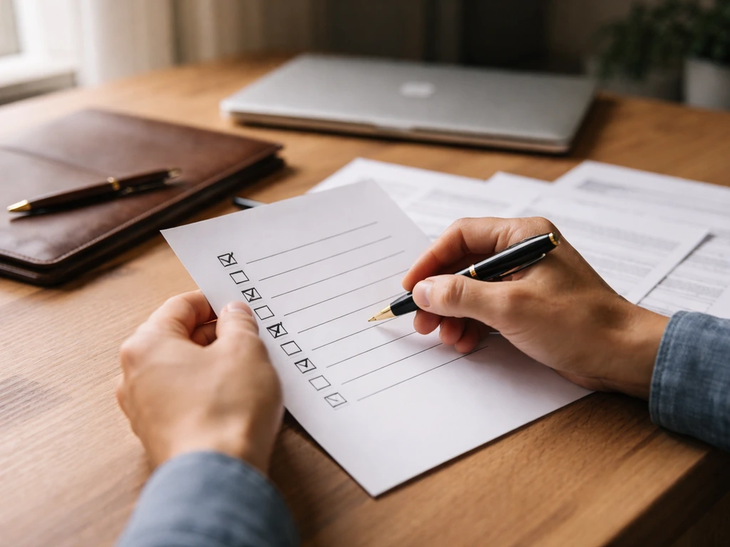 Person at desk reviewing a checklist about financial claims, with documents and a laptop nearby.