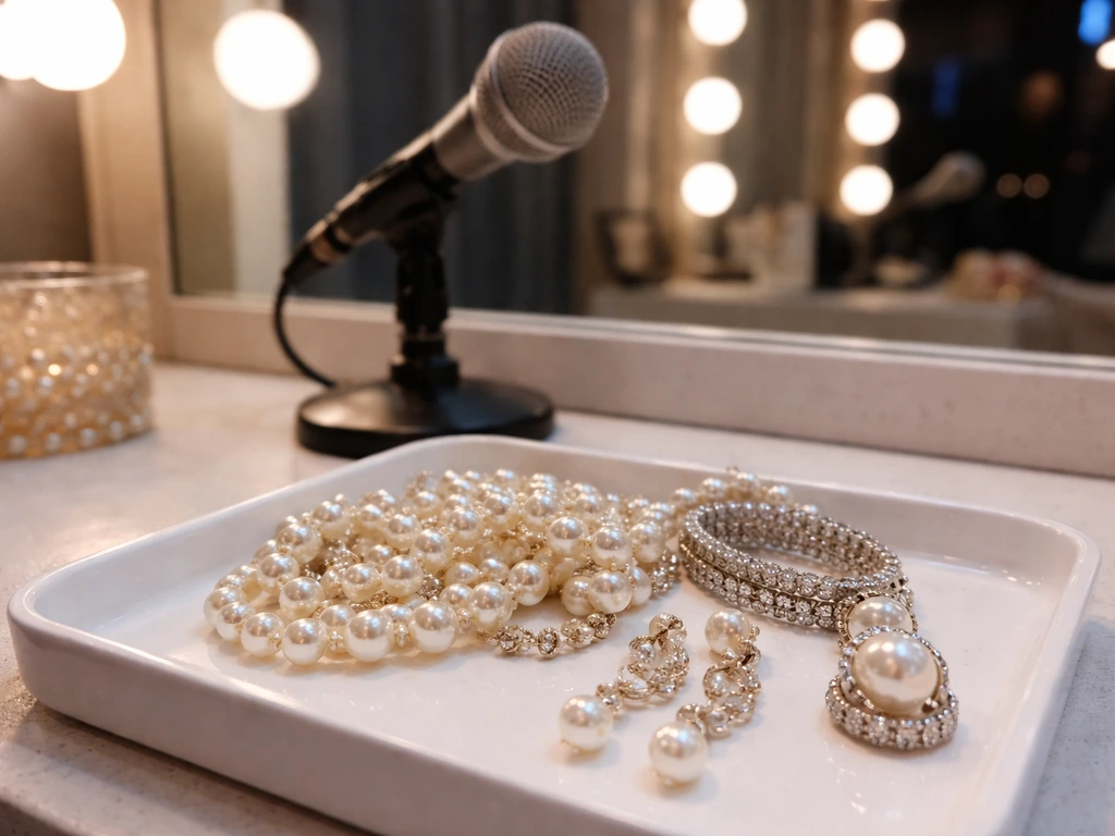 Shimmering pearl jewelry on a vanity next to a studio microphone in a quiet dressing room setting.