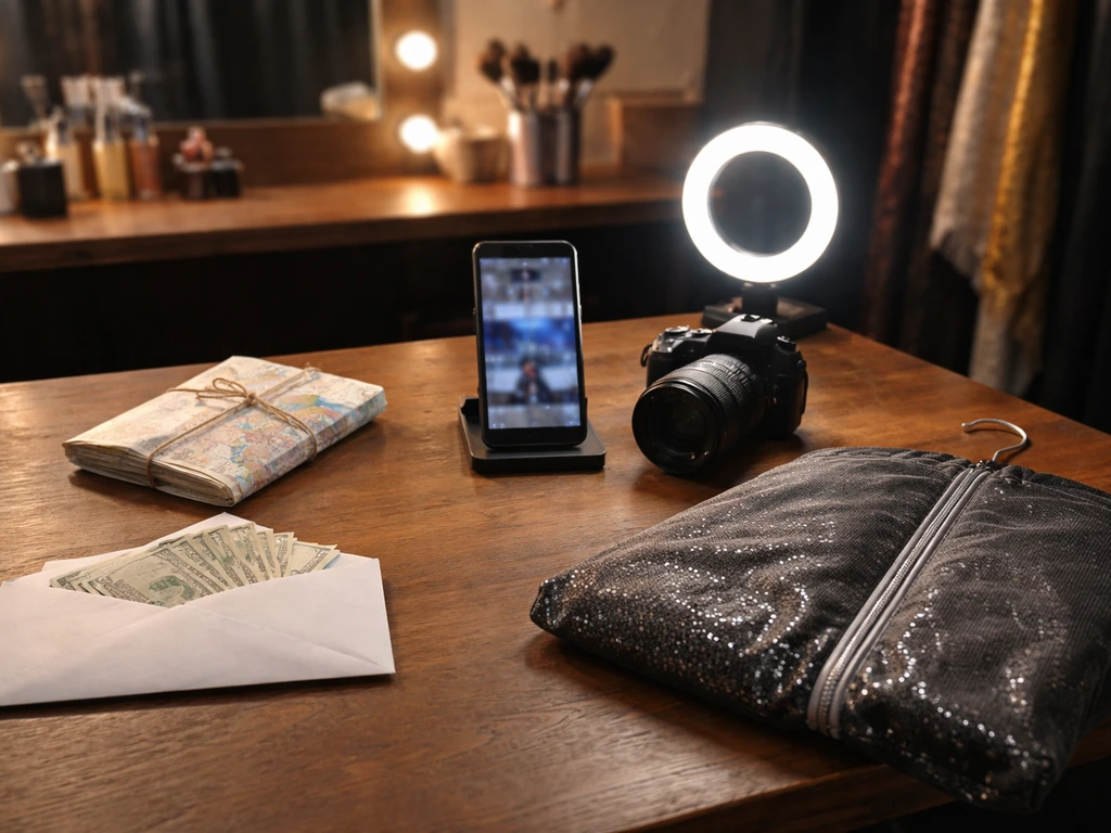 Backstage desk scene with cash envelope, road map, phone, camera, and garment bag symbolizing performer income