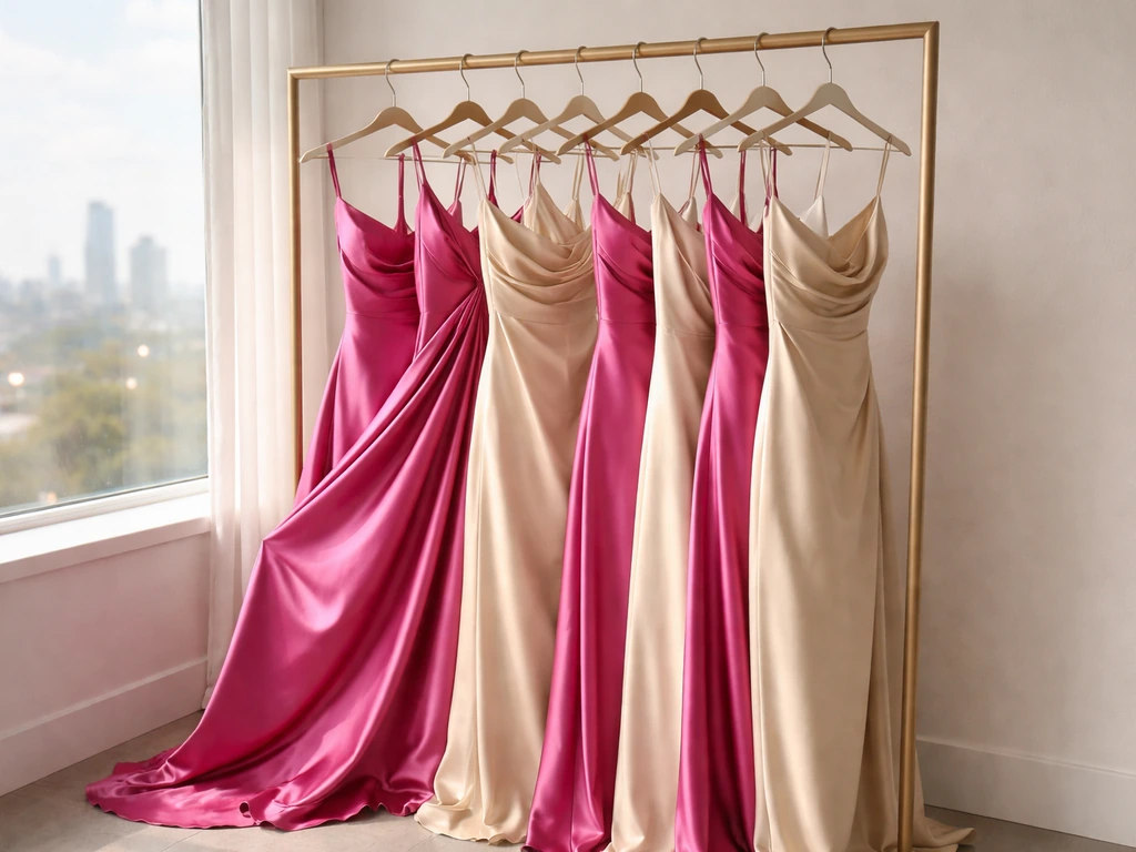Glamorous satin gowns on a minimalist rack beside a soft-focus city view, evoking a fashion business wealth theme.