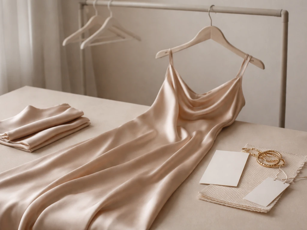 Elegant satin gown on a studio tabletop with subtle fabric swatches and accessories, suggesting a fashion brand identity