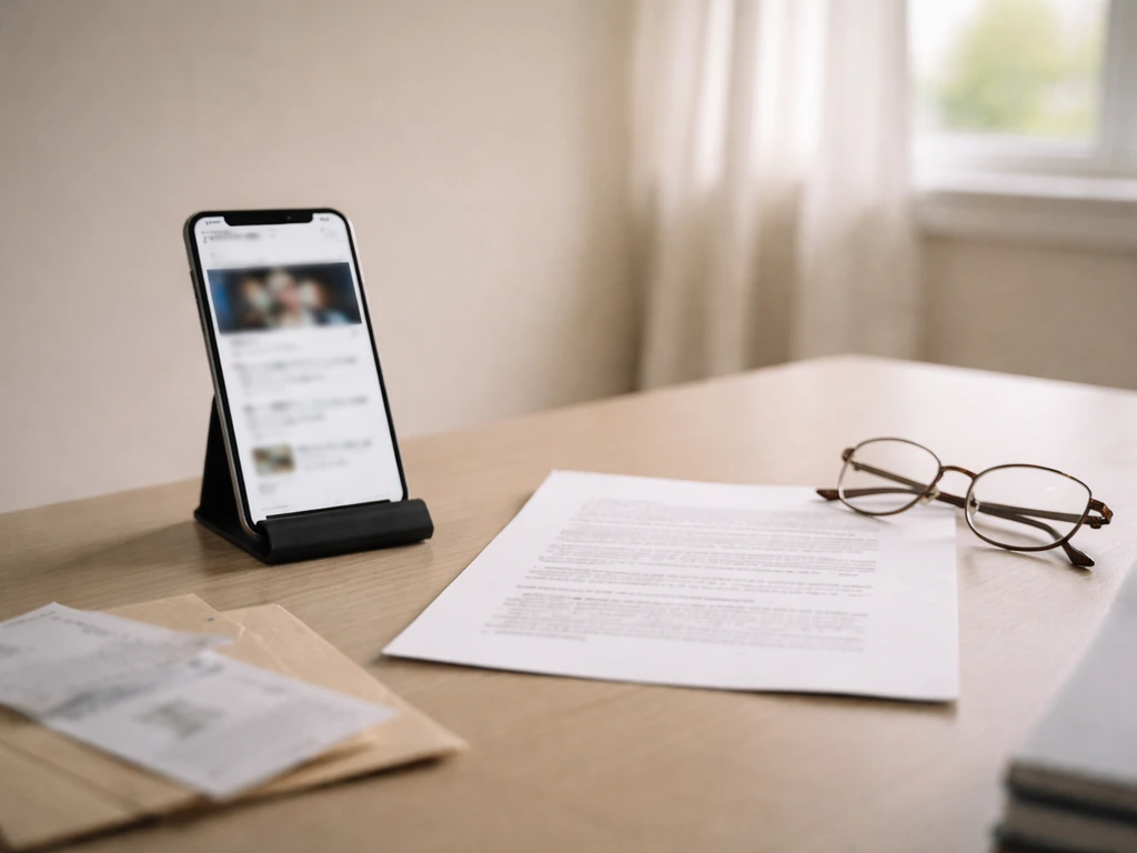 Minimal desk scene with a phone and blurred documents symbolizing public-evidence net worth estimation.