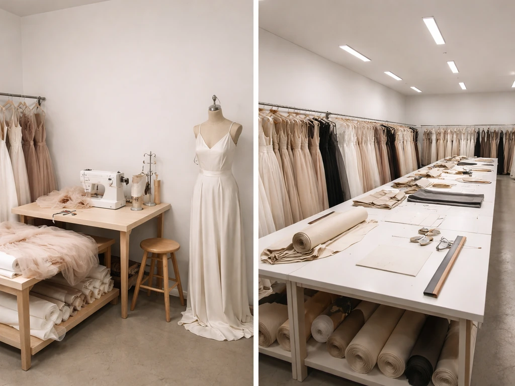 Two simple fashion production scenes: a small sewing setup beside a larger organized clothing rack area.