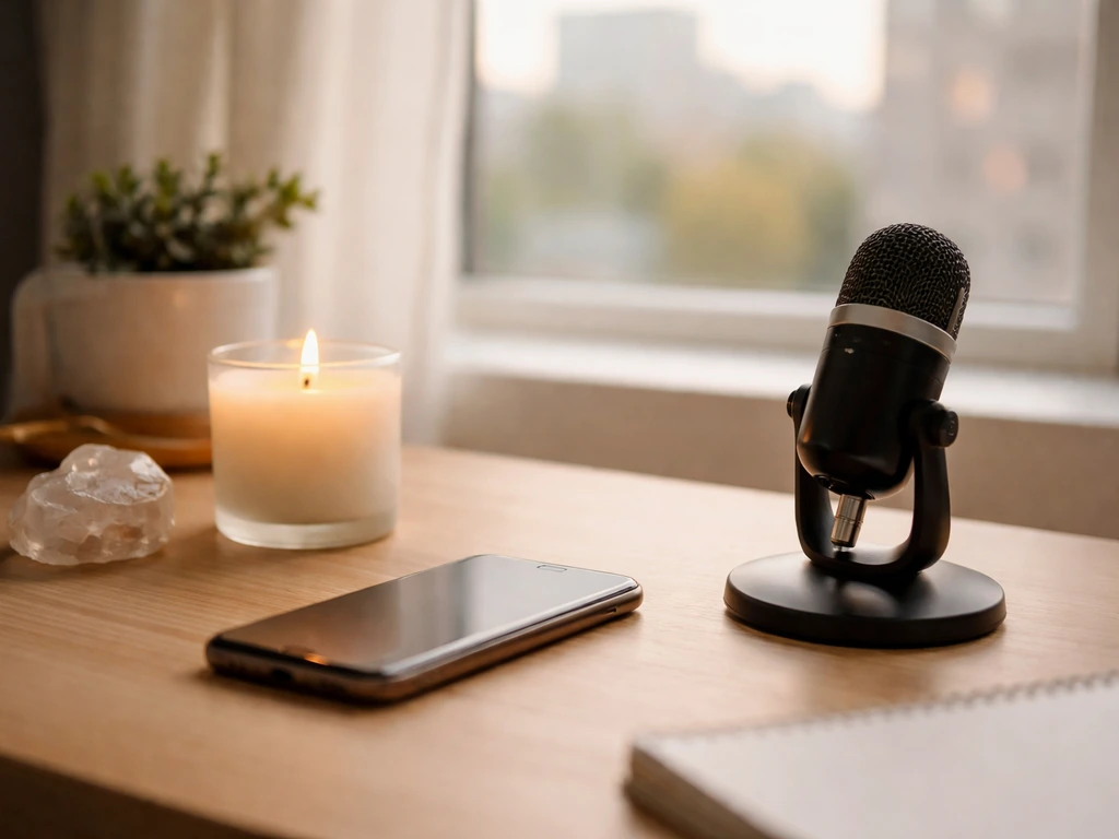 Minimal desk with candle, crystal, microphone, and smartphone suggesting a wellness creator’s studio work.