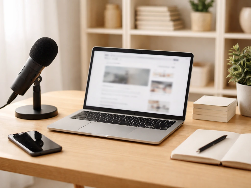 Minimal home office desk with blurred laptop monetization pages, microphone, and phone—symbolic of net worth signals.