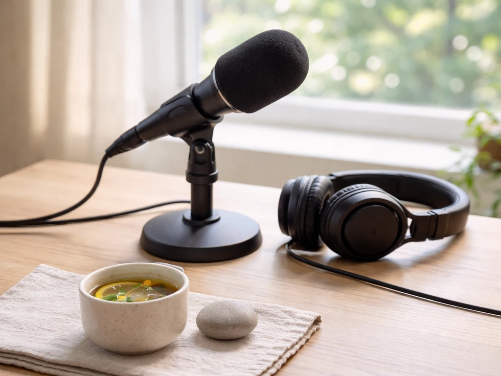 Close-up of a podcast microphone on a quiet desk with warm lighting, suggesting a wellness creator’s public presence.