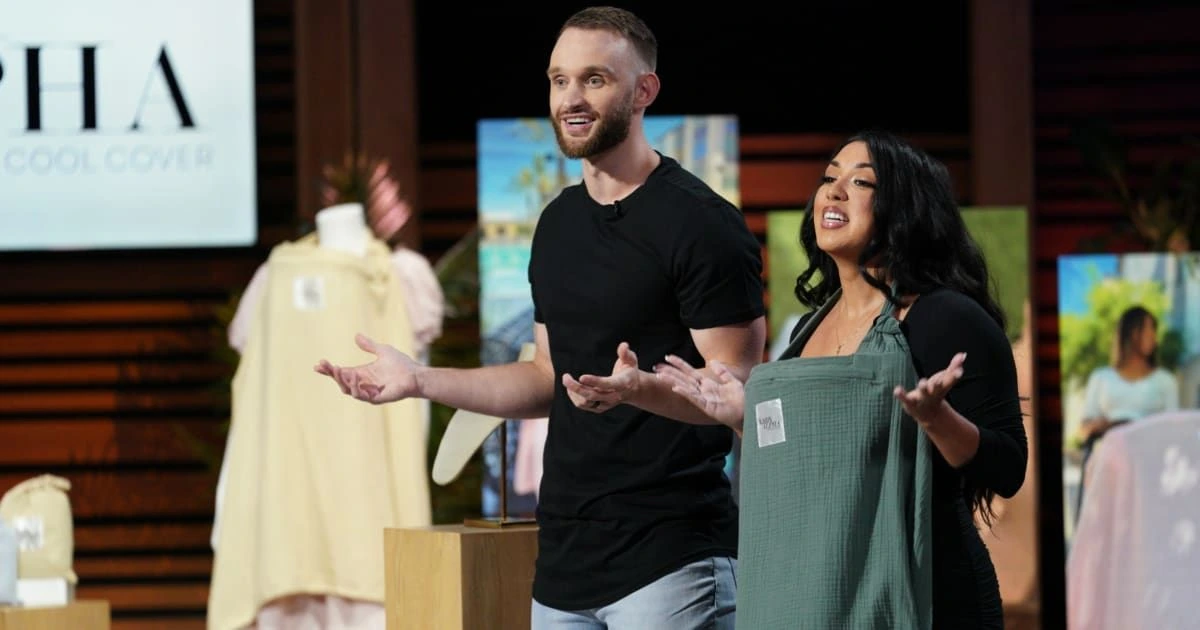 Lady Alpha founders Jacqueline and Jeremy Samuelson presenting the nursing cover brand on Shark Tank