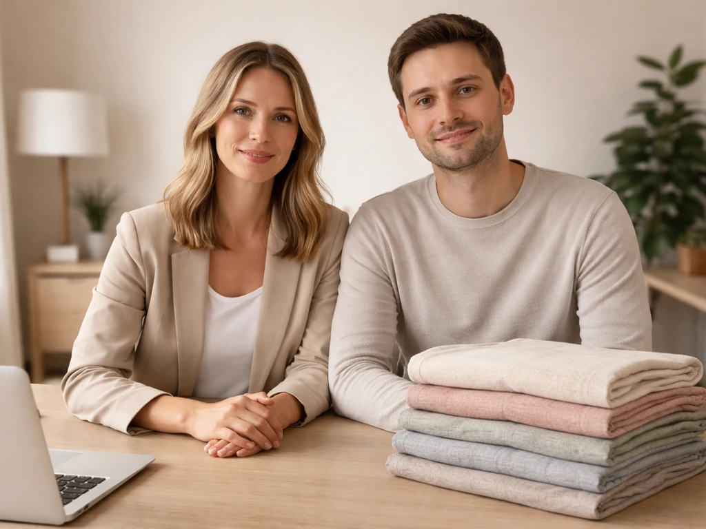 An anonymous couple of founders at a desk with neatly folded nursing covers nearby, warm natural light.