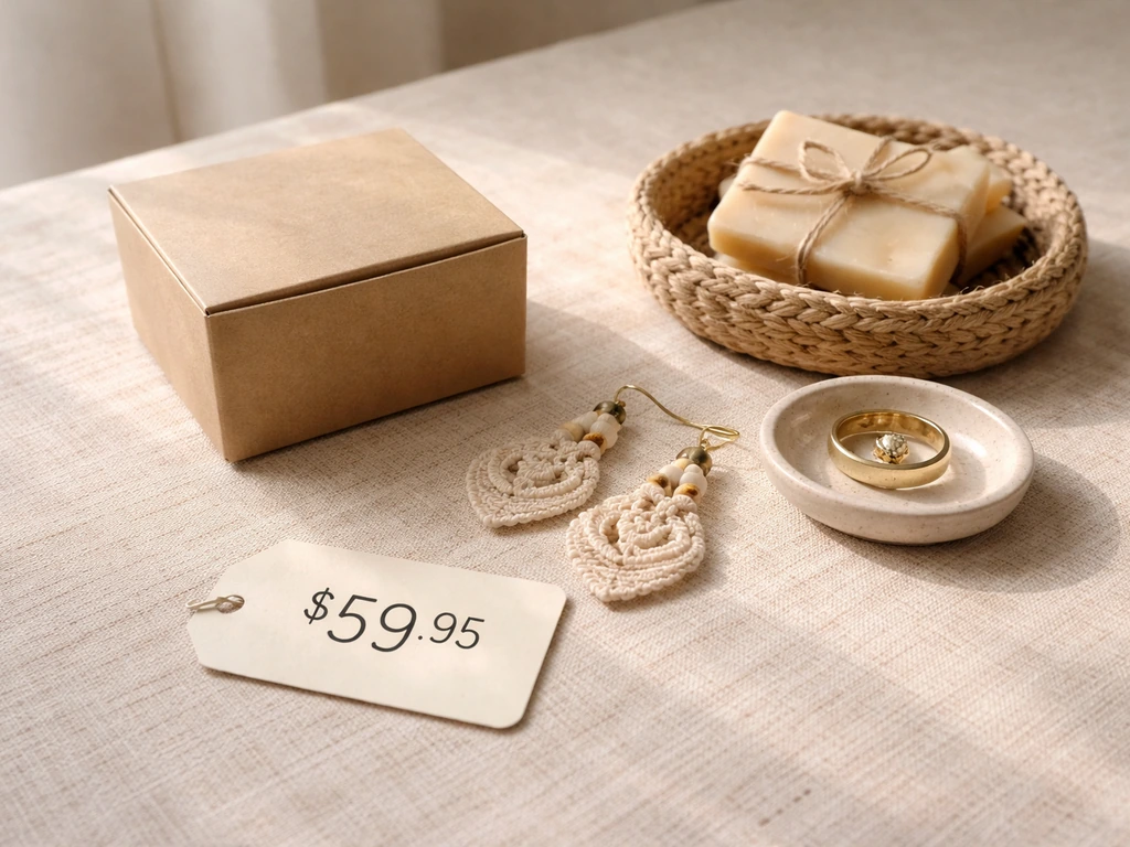 Minimal desk scene with a close-up product box and small handmade craft items suggesting multiple income sources