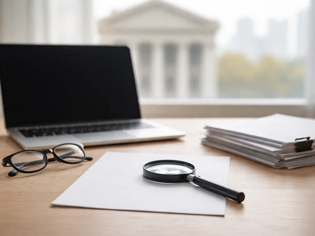 Magnifying glass over blank documents on a simple desk, symbolizing verification of public records.